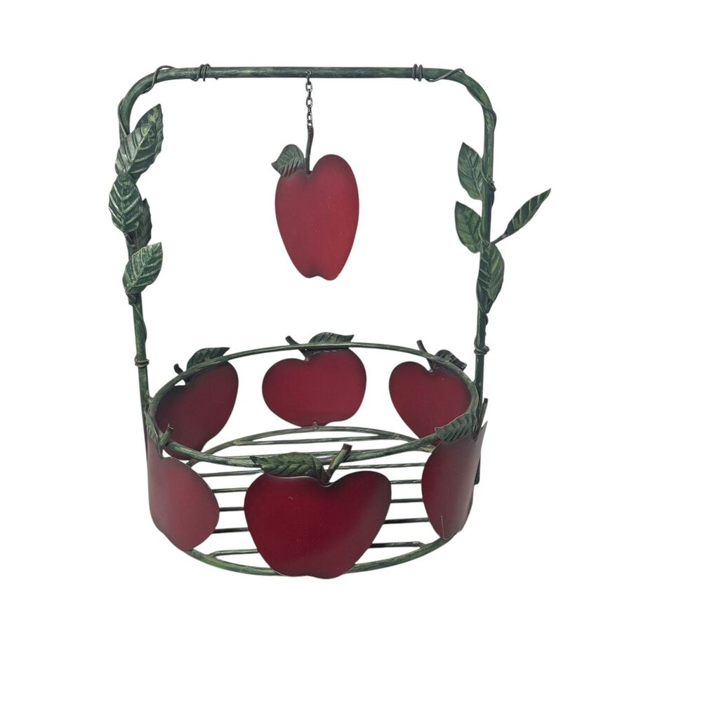 Brushed Red Green Round Metal Wire Apple Basket Vine Handle Farmhouse Vintage